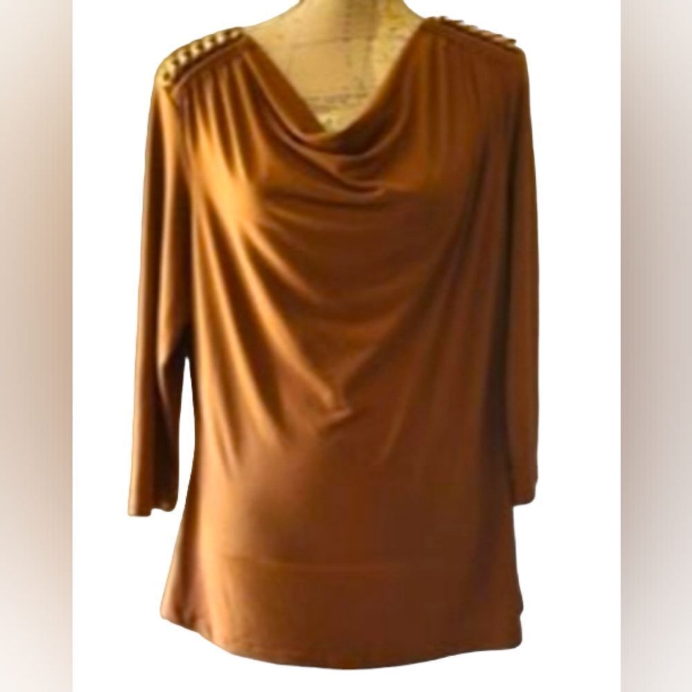 Dressbarn Size Large Brown Draped Cowlneck Tunic Blouse Gold Chain Shoulders